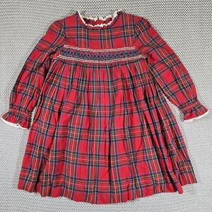 Mini Boden Smocked Heritage Plaid Party Dress Girls Sz 6-7Y Festive Holiday